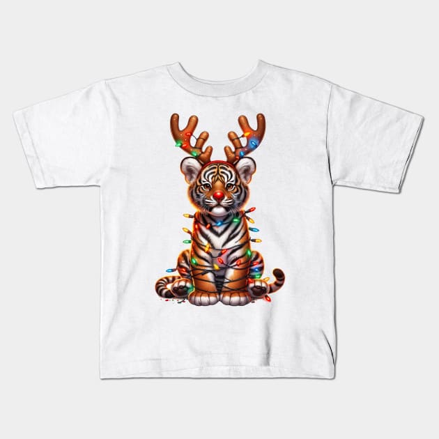 Christmas Red Nose Tiger Kids T-Shirt by Chromatic Fusion Studio